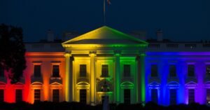 The White House is lit up in rainbow colors in commemoration of the Supreme Court's ruling to legalize same-sex marriage on Friday, June 26, 2015, in Washington. (AP Photo/Evan Vucci)